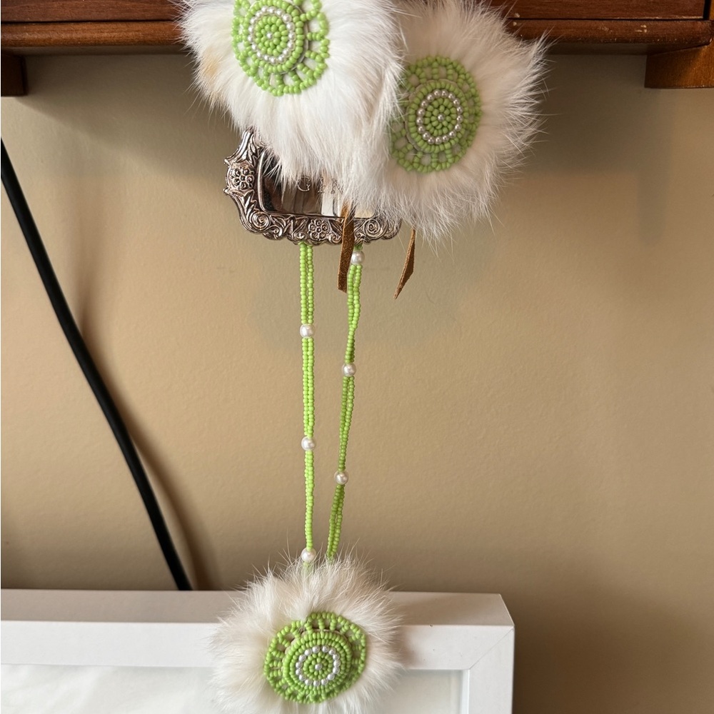 Beaded Fur Jewelry Set – Necklace (Medallion) & Braid Ties (3 Pc)